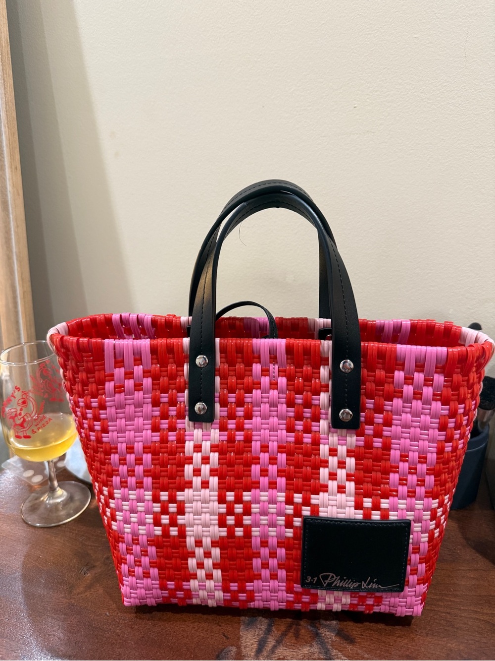 3.1 Phillip Lim Red, Pink & White Woven Tote with Black Handles